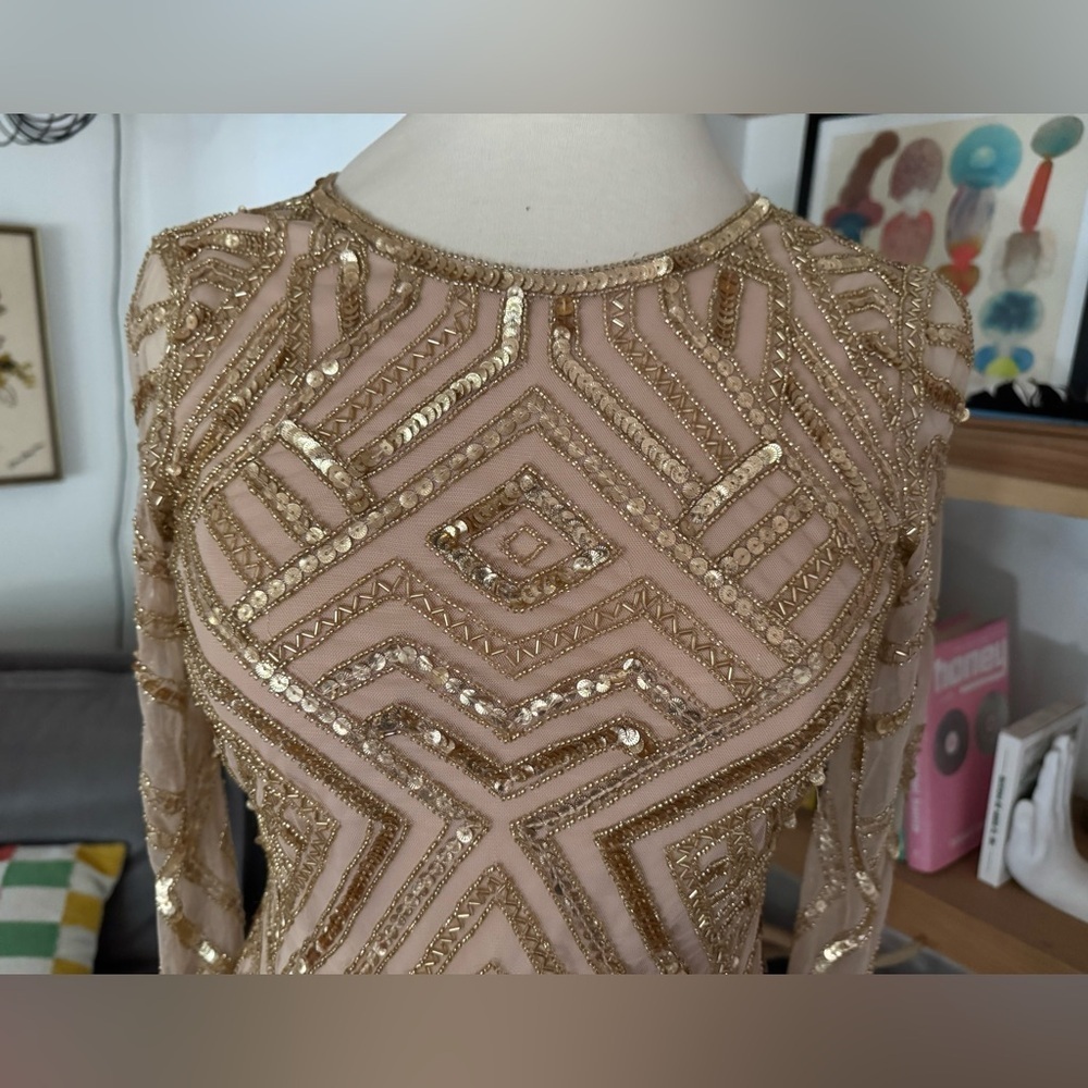 Gianni Bini Champagne Gold Geometric Long Sleeve Sequin and Beaded Dress - Picture 3 of 11